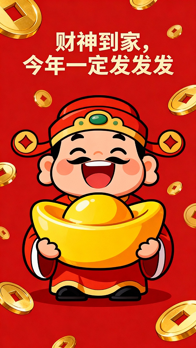主体是一个卡通的财神爷，哈哈大笑，手里抱着金黄色的大元宝，正红色的背景，画面上有很多的金色的铜钱点缀，文字在最上面写着“财神到家，今年一定发发发”画面俏皮可爱，排版简洁大气