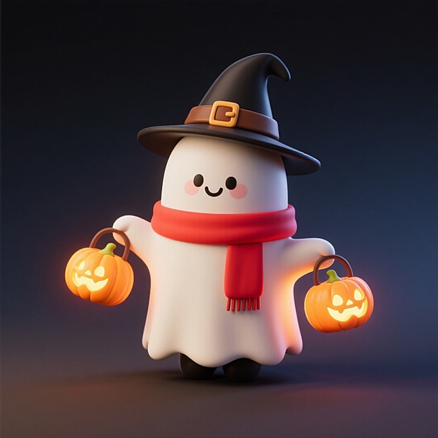 一个萌系幽灵形象。它戴着黑色巫师帽（带有棕色腰带扣），围着红色围巾，面带微笑，双手分别提着发光的南瓜灯笼和南瓜灯。深色渐变背景。
