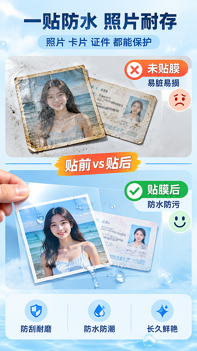 [第2张] 痛点解决：照片/卡片易脏易损 vs 贴膜后防水防污前后对比。
[商品] 使用【图97】A4高透水晶膜；保留透明高光膜体、A4片状、边缘整齐；场景中膜覆盖在照片/卡片上。
[画面] 上下对比构图：上半部分展示一张未贴膜的小照片和卡片，表面有划痕、脏污、折角和泛黄，旁边红色叉号和皱眉标签；下半部分展示同一张照片/卡片贴上水晶膜后的状态，表面平整光亮、色彩鲜艳，水滴在膜面成珠滚落，旁边绿色对号和笑脸标签；中间分隔线标注「贴前vs贴后」；背景浅蓝白渐变，产品与卡片占画面约50%，中景，阅读动线从上到下。
[视觉] 套系策略：风格=拼多多功能型详情页，直白大字报；标题字=粗黑体；正文字=简洁黑体；主色=清澈水蓝；背景延展=浅蓝白渐变+水晶光斑，清透不花；强调色=暖橙，仅用于小面积标签和对比重点；标题色=深蓝黑；正文色=深灰蓝；组件=圆角浅底信息卡、对比分栏、图标；光影=左前侧柔光。
[文字] 顶部主标题「一贴防水 照片耐存」副标题「照片 卡片 证件 都能保护」；上半区标签「未贴膜 易脏易损」下半区标签「贴膜后 防水防污」；底部三个图标卖点：「防刮耐磨」「防水防潮」「长久鲜艳」；文字横排清晰。
[规格] 比例9:16竖版，4K，避免变形、错字、文字过小、模糊、杂乱、水印、平台Logo、冷蓝灰压抑、产品颜色改变、膜体结构失真、对比效果夸张。