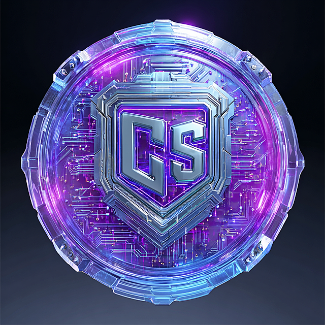 A circular interstellar battle team badge, in the style of the reference image, 3D cyberpunk mech style, transparent crystal material, glowing purple and blue neon circuit board, metallic three-dimensional text "CS" in the center, front view, white background, can be directly cutout, high detail, 8K