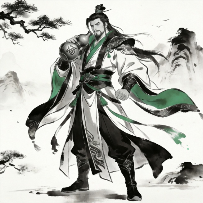 保留原图人物服饰、配色、风格，仅手持葫芦酒壶，不持剑，动作姿态做出调整预览效果