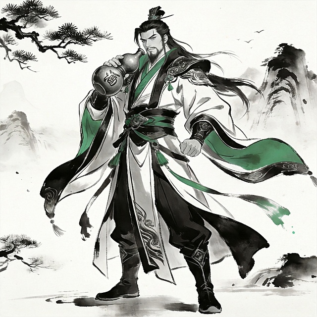 保留原图人物服饰、配色、风格，仅手持葫芦酒壶，不持剑，动作姿态做出调整