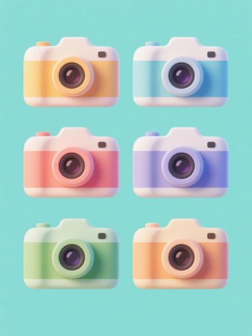 软3D风格相机图标系列，六个不同配色的相机图标规整排布，每个相机保持原有的经典外形结构，包含镜头、机身和顶部的突起部分，采用柔和的渐变色彩和轻微的立体光影效果，每个相机拥有独特的纯色背景，整体呈现出简洁现代的设计感预览效果