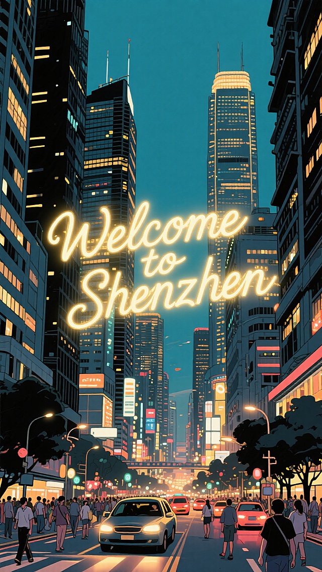 深圳城市景观，小字“Welcome to Shenzhen”