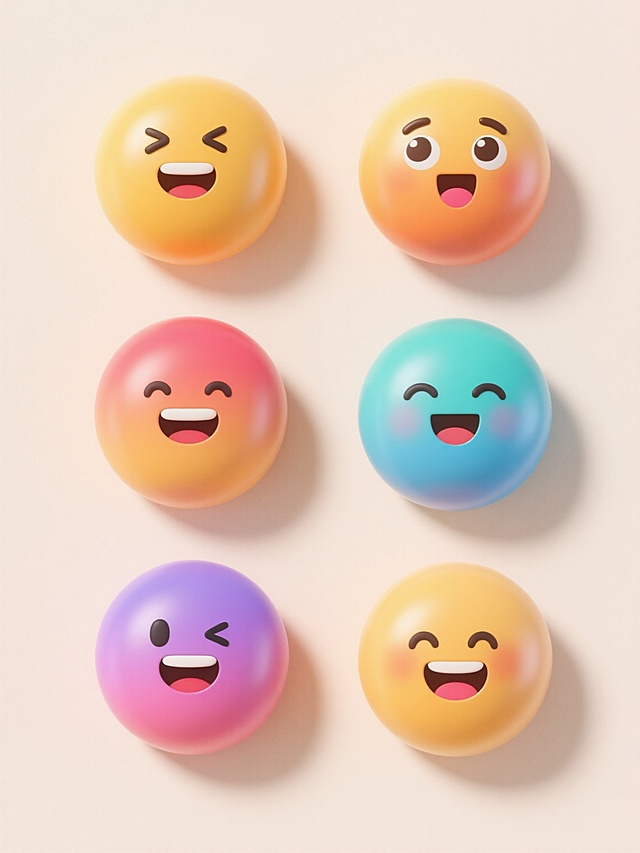 3D风格emoji表情集合，六个不同配色、不同样式、不同神态的立体表情图标，保持圆润光滑的3D质感，明亮的色彩过渡，柔和的高光与阴影细节，上下两行整齐对齐排列，浅色背景，每个表情都有独特的面部特征和情感表达，整体视觉统一且生动有趣。