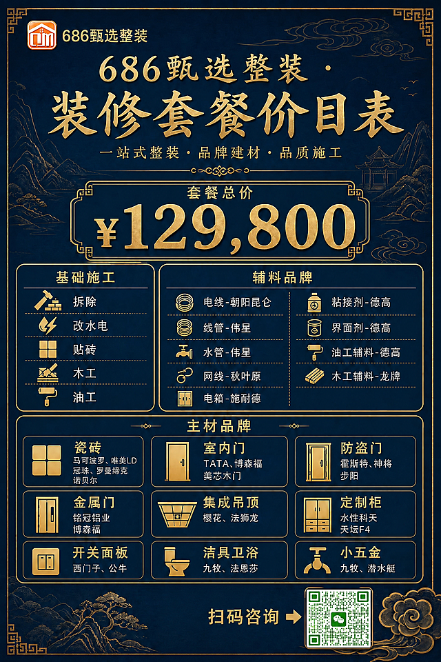 基于上一张新中式风格的装修套餐价目表海报进行修改：将底部的微信二维码尺寸缩小，不要居中放置，调整到画面右下角位置，二维码左侧保留"扫码咨询"文字。其余所有内容保持不变：左上角686甄选LOGO、主标题"686甄选整装 · 装修套餐价目表"、¥129,800套餐总价、基础施工5项、全部辅料品牌和主材品牌列表、新中式深蓝金配色与祥云山水装饰元素均保持原样。画面中所有数字必须精确渲染，不得错位、遗漏或编造。