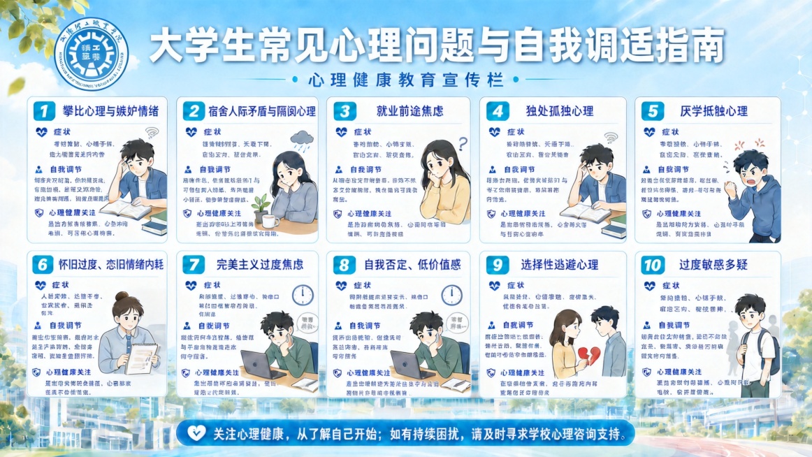 将原图片的第1到10项内容替换为新的第11到20项内容，保持原来的排版布局、蓝色清新风格和插画风格：
11 攀比心理与嫉妒情绪 症状：总拿自己和他人对比，羡慕别人家境、容貌、成绩，内心不平衡，低落自卑预览效果