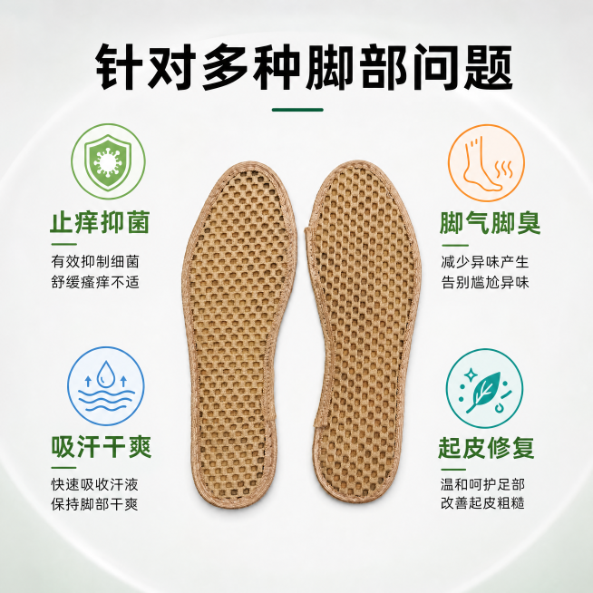 [主图-2] 核心功效卖点展示图
[氛围风格] 专业可信健康护理风格，清爽干净
[画质] 商业摄影质感、光线柔和通透、产品清晰真实、画面干净高级
[元素] 鞋垫居中放置，围绕产品展示四大核心功效对应的预览效果