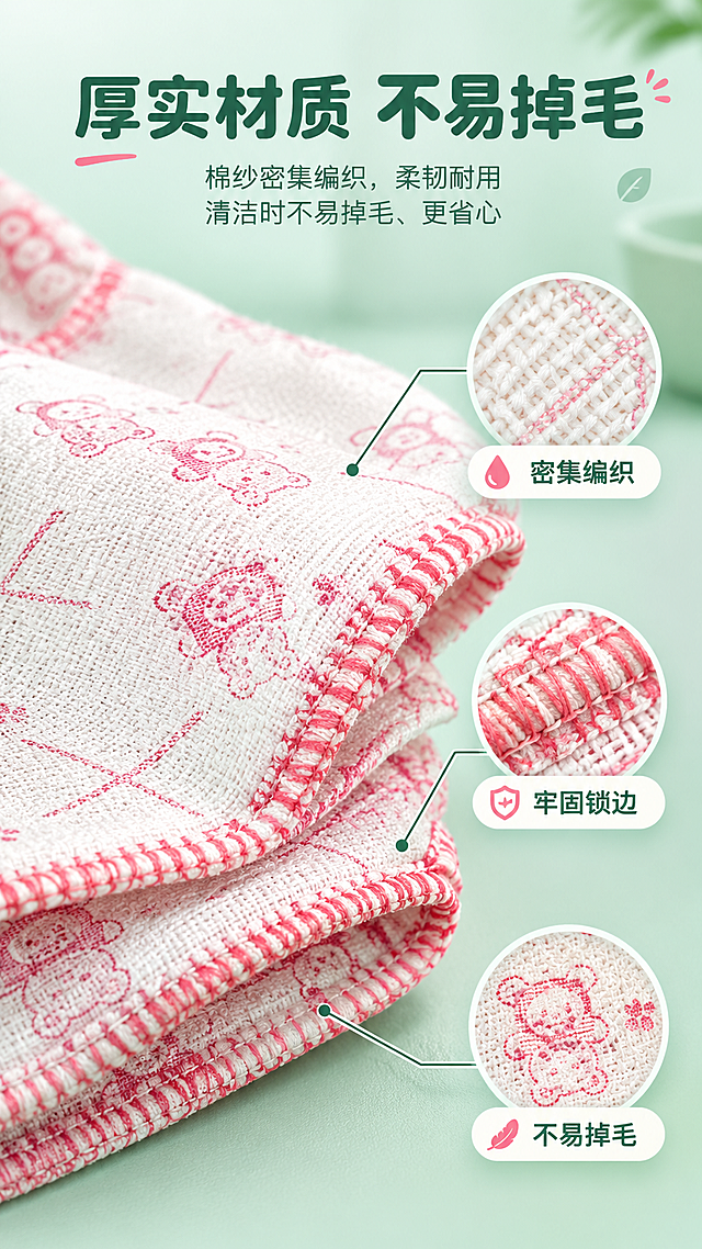 [商品] 使用【图1】棉纱抹布叠放边缘特写；商品处理：保留小熊印花、红色锁边、棉纱编织纹理；放大展示编织密度和锁边细节。
[画面] 厚实棉纱材质微距页，目标突出密集编织、不易掉毛、柔韧耐用。微距特写构图，画面主体为抹布的局部边缘，清晰展示棉纱的密集编织纹理、红色锁边工艺；用放大圈或引线标注编织细节；背景为浅薄荷绿虚化，突出材质质感。
[视觉] 套系策略：风格=清新洁净家居商业摄影；标题字=圆润黑体粗体；正文字=简洁无衬线黑体；主色=清新薄荷绿；背景延展=基于薄荷绿做深浅层级渐变、厨房台面与墙面同色系延展；强调色=暖粉色（呼应抹布印花），仅用于小面积图标、标签和点缀；标题色=深墨绿；正文色=中灰绿；组件=圆角信息卡、水滴形图标、细线引线；光影=侧光突出织物纹理，层次分明。
[文字] 顶部主标题"厚实材质 不易掉毛"，副标题"棉纱密集编织，柔韧耐用 清洁时不易掉毛、更省心"；微距旁用引线标注"密集编织""牢固锁边""不易掉毛"；文字横向排版，位于画面上下区域。
[规格] 图片比例9:16竖版，4K，避免变形、错字、文字过小、纹理模糊、抹布材质失真、绝对化用语。