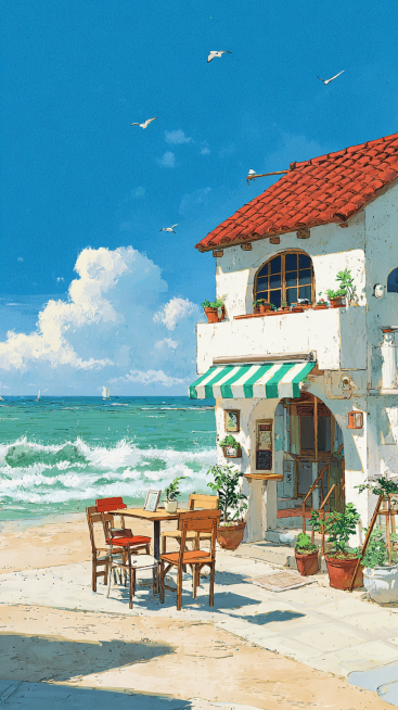 Studio Ghibli style, hand-painted watercolor aesthetic, a cozy seaside café with white walls, red-ti预览效果