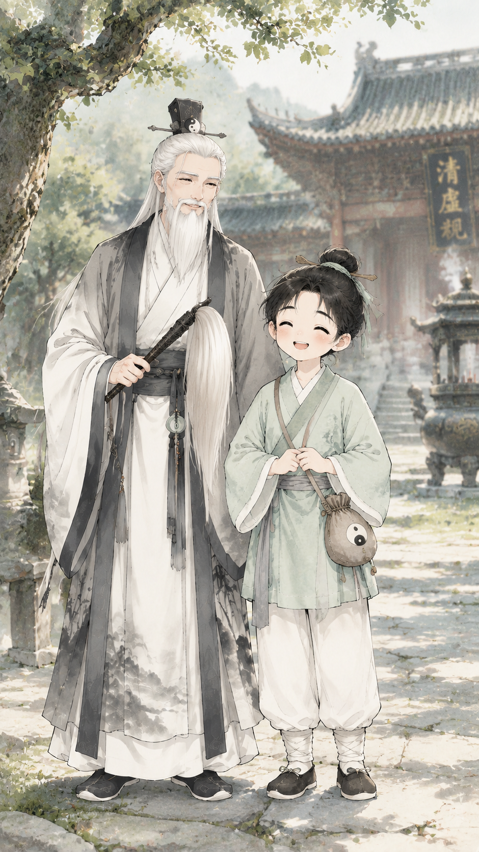 水墨国漫风格对话场景图：道观院子里，青石板地面，古树、香炉、飞… - 图片创意预览