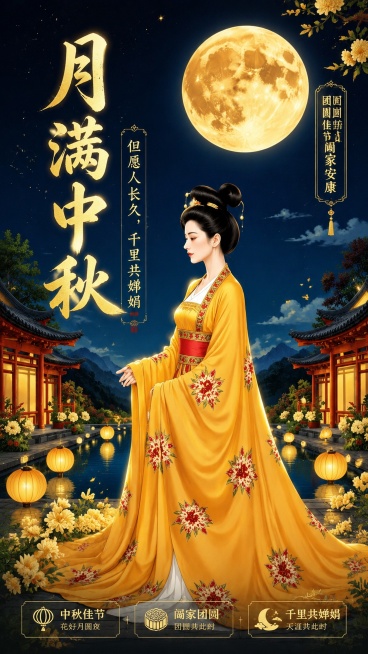 中秋节国潮古风宣传海报，主视觉为中式庭院夜景，巨大的金黄色满月挂在深蓝色夜空，一位身着黄色刺绣汉服的仕女侧身而立，庭院两侧是红色中式古建筑，水面点缀黄色灯笼和白色花艺，整体氛围静谧雅致，国潮风格。版式预览效果