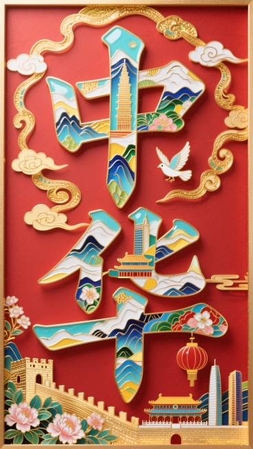 字体设计，“中华”字笔画进行解构用元素拼接而成，文字笔画填充建筑（长城、山脉、故宫、天坛、高楼大厦等）、鲜花、灯笼，白鸽点缀，光影交织，边缘环绕着金色的祥云，红色背景预览效果