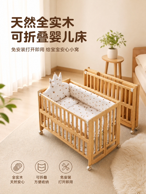 [单张主图] 可折叠全实木婴儿床 高级氛围感主图，目标是突出天然实木安心材质和便捷免安装优势
[画面主体] 完整展示展开和折叠状态的实木婴儿床，婴儿床外观、结构、原木颜色、全实木材质与输入产品图绝对一预览效果