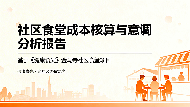 PPT封面，标题为"社区食堂成本核算与意调分析报告"，副标题为"基于《健康食光》金马寺社区食堂项目"，底部标注"健康食光 · 让社区更有温度"，整体风格简洁商务，暖色调，温暖亲民，适合社区公益项目