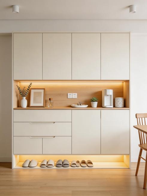 超写实 8K 高清室内家居实景摄影，正面平视居中构图，近距离无畸变特写，画面核心主体为奶油原木风分段式入户餐边柜，柜体整体采用哑光奶白色肤感平板柜门搭配暖调浅原木色自然木纹饰面，结构细节完整呈现：上半预览效果