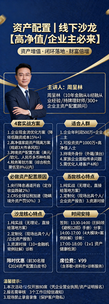 生成一张超长竖版资产配置线下沙龙邀约海报，完整包含用户提供的全部原始文案内容，不得删减或改写任何文字。主标题："资产配置｜线下沙龙【高净值/企业主必来】"，副标题："资产增值·闭环落地·财富倍增"，主预览效果