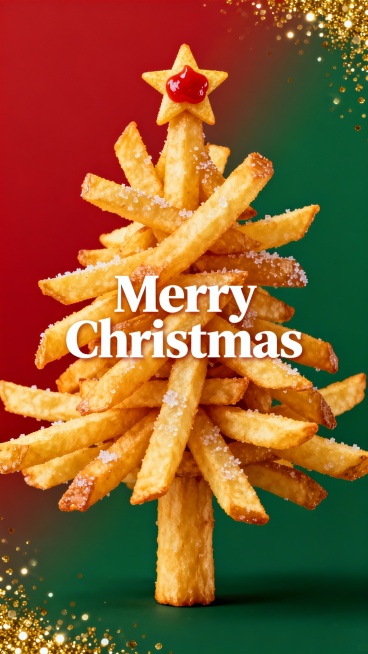 创意圣诞节海报，主体是用薯条堆叠成的圣诞树，薯条呈金黄色，表面有盐粒质感，树干是较粗的薯条，树枝是向外伸展的薯条，顶部有一颗红色番茄酱点缀的星星，海报中央有“Merry Christmas”白色英文字预览效果