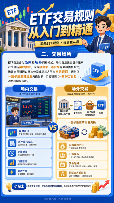 金融知识科普海报，主题"ETF交易规则从入门到精通"，内容："二、交易场所：ETF交易分为场内和场外两种模式。场内交易通过证券账户在交易所实时竞价，支持限价单、市价单等多种委托方式；场外交易则通过基金预览效果