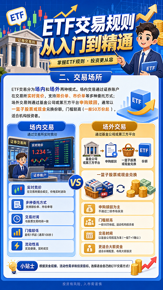 金融知识科普海报，主题"ETF交易规则从入门到精通"，内容："二、交易场所：ETF交易分为场内和场外两种模式。场内交易通过证券账户在交易所实时竞价，支持限价单、市价单等多种委托方式；场外交易则通过基金公司或第三方平台申购赎回，通常以一篮子股票或现金兑换份额，门槛较高（一般50万份起），适合机构投资者。"，整体风格卡通，搭配卡通金融元素图案，如股票K线、金币、证券交易所建筑等，设计清晰易读