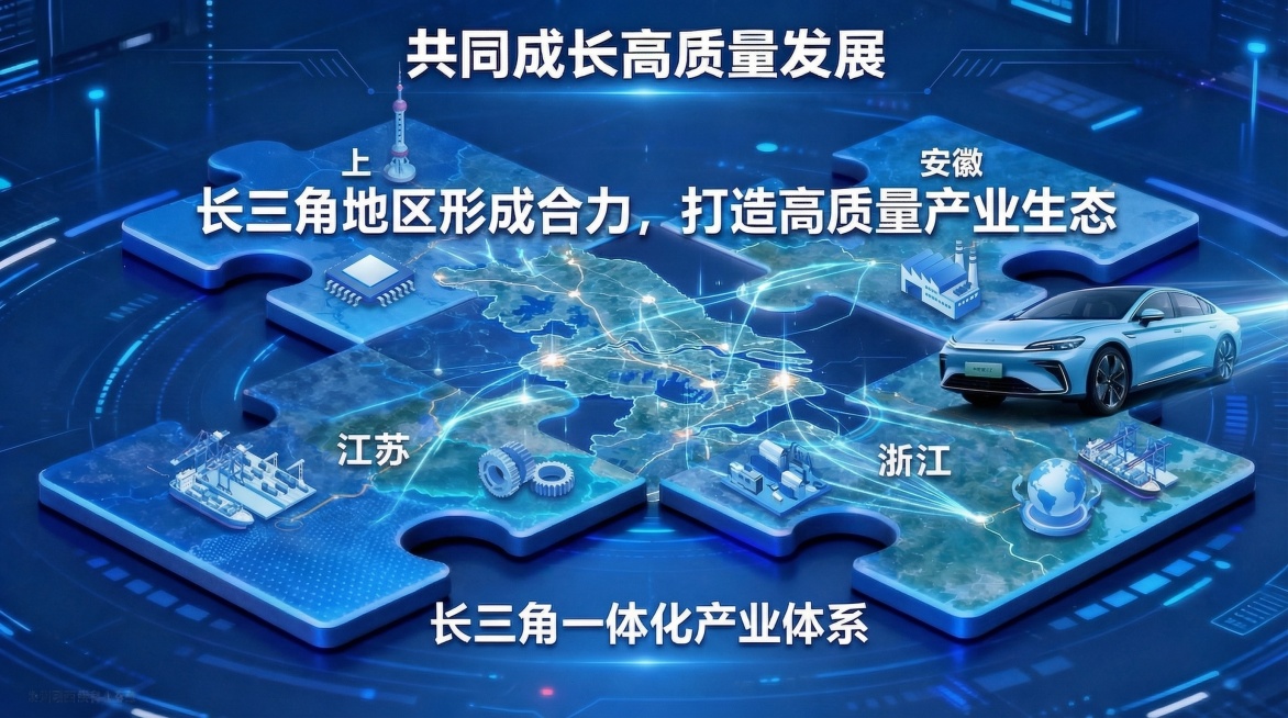 重新设计，只保留上海、安徽、江苏、浙江四个省份聚集在一起，去掉其他省份，每个省份添加代表地标/产业特征图标：上海加东方明珠/芯片图标、安徽加汽车工厂图标、江苏加港口/零部件图标、浙江加全球贸易/码头图预览效果