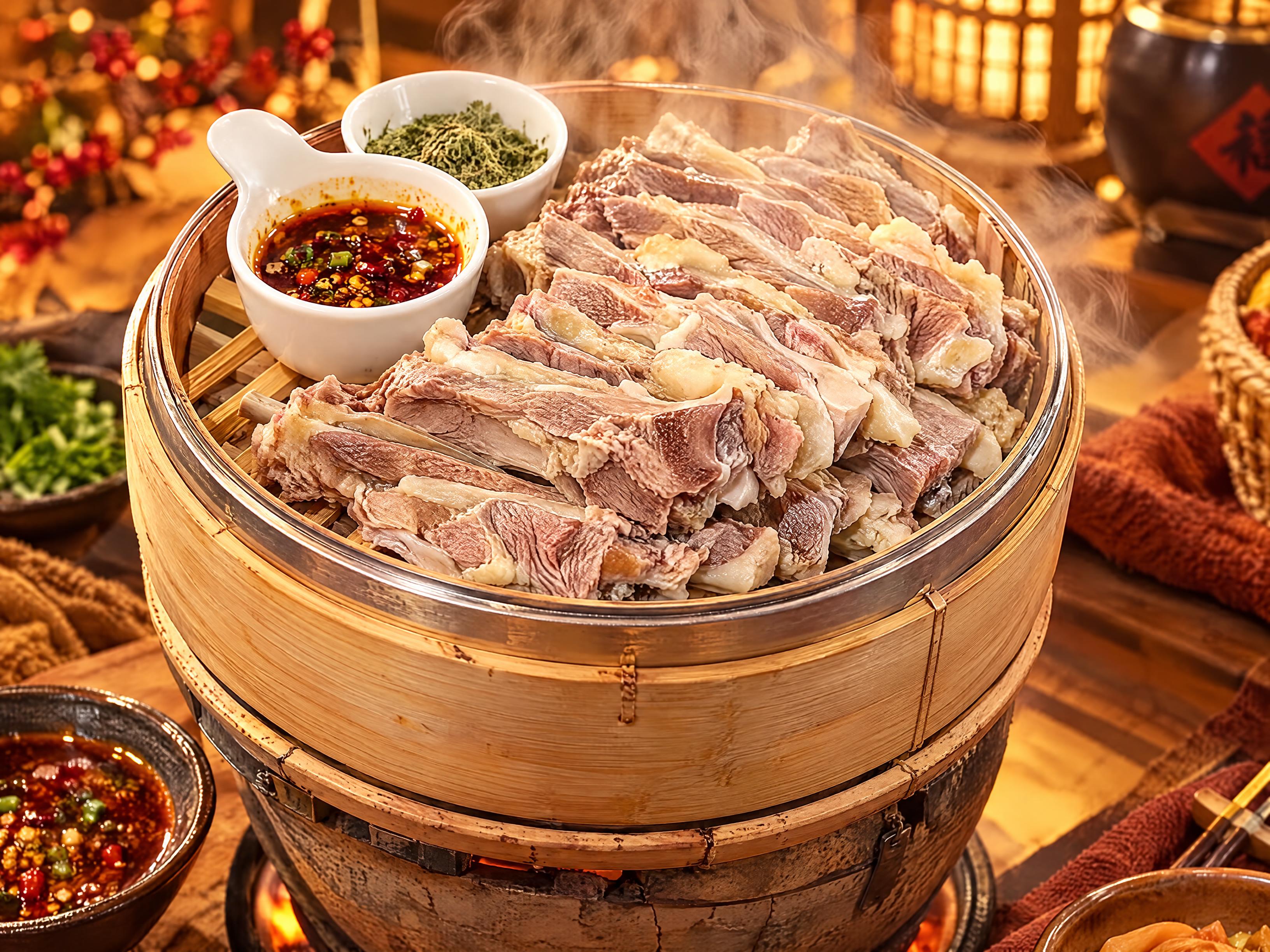 参考图中的手把羊排菜品，生成同款泥炉砂锅蒸羊排美食图，4:3比… - 图片创意预览