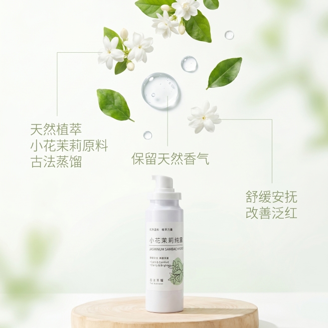 [主图 2] 小花茉莉纯露核心成分解析图，治愈小清新风格
[氛围风格] 自然清新，成分可视化，干净通透
[画质] 商业摄影质感，光线柔和通透，画面干净高级，细节清晰
[元素] 小花茉莉纯露放置在画面底预览效果