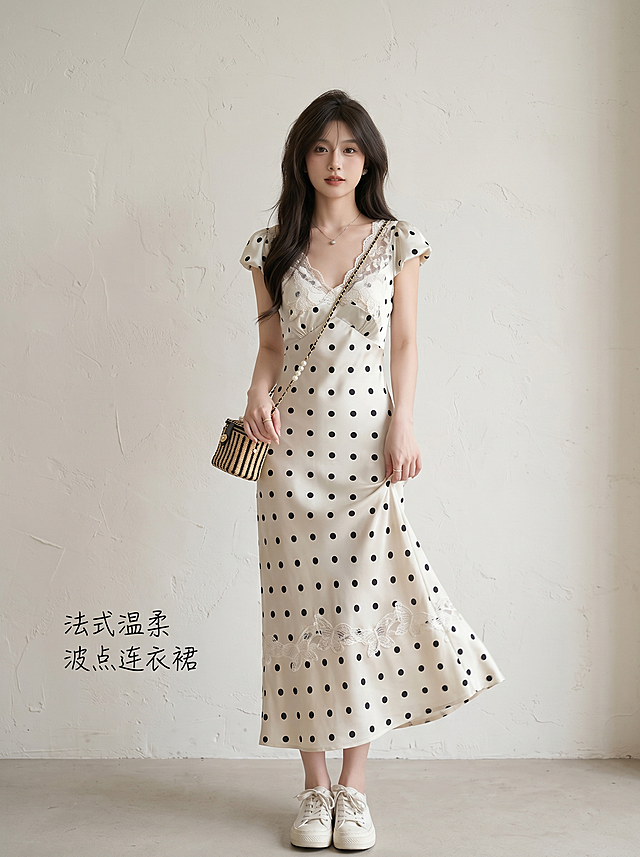 [主图 1] 法式波点蕾丝连衣裙正面全身穿搭首图。[氛围风格] 小红书温柔氛围感，法式复古高级松弛感，自然抓拍。[画质] 时尚商业摄影质感，光线柔和通透，人物皮肤服装清晰真实，画面干净高级。[元素] 同一位黑发亚洲年轻女模特，妆容精致皮肤白皙，穿着这件米白底黑色波点蕾丝V领泡泡袖收腰长款连衣裙，搭配小白鞋，自然站立轻撩裙摆，姿势生动不僵硬。背景选干净简约的奶白色肌理墙面，突出人物和裙子，不抢主体。保持连衣裙本身米白底黑色波点，蕾丝拼接设计，V领泡泡袖收腰长款的外观、材质、颜色完全一致，杜绝变形色差，精细化处理。人物头部不顶边，全身完整展示，不裁切关键部位。商品（连衣裙）主体占比约70%，画面满屏无边框。[光影] 柔和时尚摄影侧光，光线均匀通透，高感光质感，光影层次自然，暗部不死黑，高光不溢出。[配色] 主色米白+黑色波点，背景奶白色，整体低饱和温柔法式配色。[视角构图] 全身正面平视，景深适中，人物居中，比例完整。[文字版式] 左下角加手写体小字 "法式温柔 波点连衣裙"，不遮挡裙子主体，清晰易读。[比例分辨率] 3:4 比例，2k 分辨率，超高清，文字清晰。[负向提示词] 变形，水印，文字错乱，背景杂乱，纯电商广告风，断头裁切，姿势僵硬，色差，纹理模糊