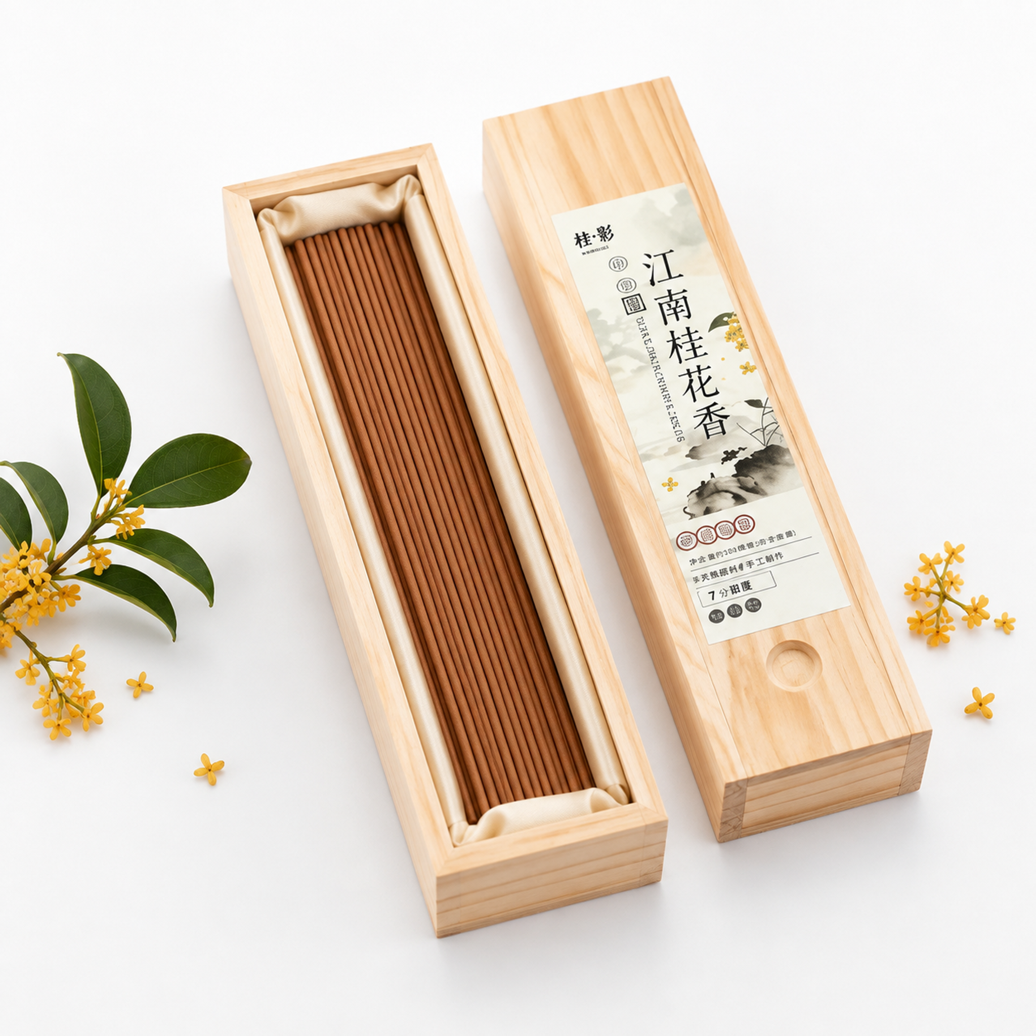 产品精修，打开的木质礼盒，内衬米色绸布，整齐排列数十支细长线香… - 图片创意预览