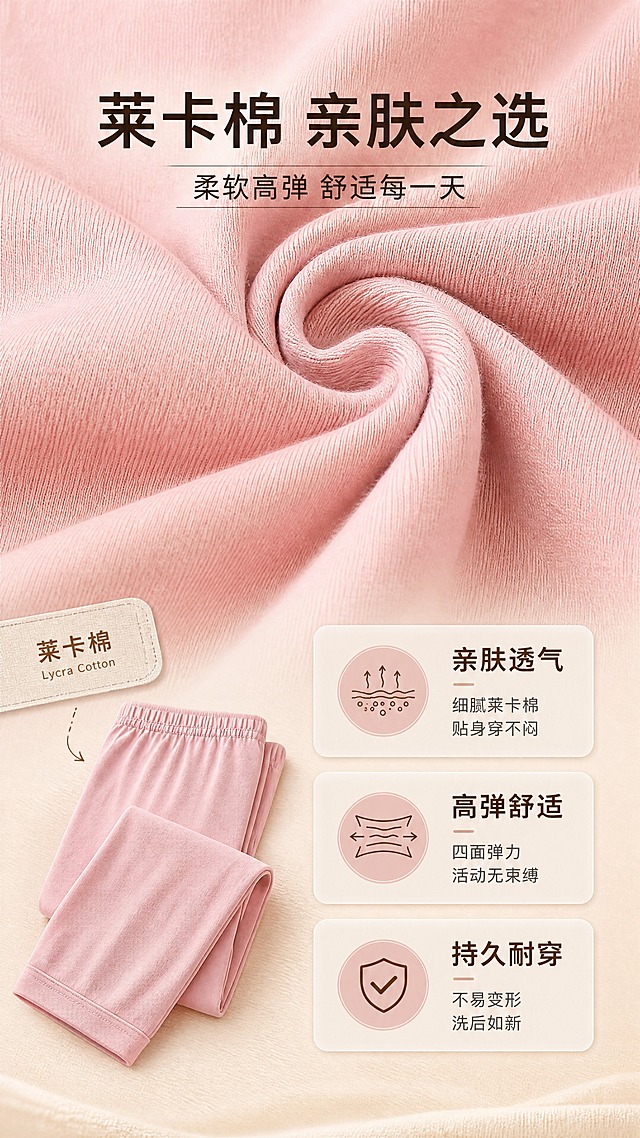 [商品] 使用【图6】莱卡棉面料细节图作材质参考，【图2】秋裤全貌作版型参考；商品处理：保留莱卡棉细腻织纹、豆沙粉色、柔软垂坠质感；增强面料纹理清晰度，自然理顺褶皱，不改变材质和颜色。
[画面] 页面目标：设计理念与面料核心卖点解析，强调莱卡棉的舒适体验。构图：上半部分大面积面料微距特写，布料自然卷曲形成柔和弧度，占画面约50%；下半部分左侧放秋裤折叠小图，右侧信息卡区域；背景为浅米色渐变底，叠加细腻织物纹理，营造柔软氛围。
[视觉] 套系策略：风格=温馨居家高级商业摄影；标题字=思源黑体Bold粗体；正文字=思源黑体Regular常规体；主色=豆沙粉+暖米杏；背景延展=基于暖米杏做深浅层级、同色渐变和细腻织物/木纹质感；强调色=奶茶棕，仅用于小面积图标、引线和标签；标题色=深暖棕；正文色=中暖灰；组件=圆角浅底信息卡、细线引线、布艺标签；光影=左前侧暖柔光，柔和自然阴影。
[文字] 中上位置主标题「莱卡棉 亲肤之选」，副标题「柔软高弹 舒适每一天」；下方3个圆角信息卡横向排列：①「亲肤透气」细腻莱卡棉 贴身穿不闷 ②「高弹舒适」四面弹力 活动无束缚 ③「持久耐穿」不易变形 洗后如新；文字清晰可读，不遮挡面料主体。
[规格] 图片比例9:16竖版，4K分辨率，避免变形、错字、文字过小、冷蓝/冷灰背景、面料颜色改变、模特人物出现。