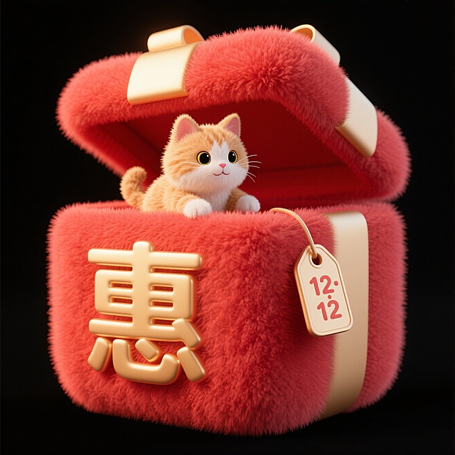 画面中心为一个可爱礼盒写着“惠”，礼盒被一只可爱小猫打开顶盖，“12·12”标签挂在礼盒上，红金多巴胺配色，纯黑色背景。