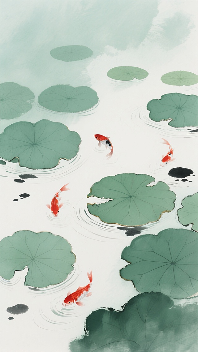 中国水墨画风格，画面以淡绿色为基调，大量留白营造宁静悠远的氛围。水面上漂浮着多片大小不一、形态各异的荷叶，荷叶边缘圆润，叶脉清晰，呈现出深浅不一的绿色，部分荷叶有自然的残缺。几条红色的锦鲤在荷叶间悠然游动，鱼身线条流畅，色彩鲜亮。背景采用水墨晕染效果，朦胧柔和，点缀着少量墨色水波纹和墨点，整体构图疏密有致，意境清雅，无文字。