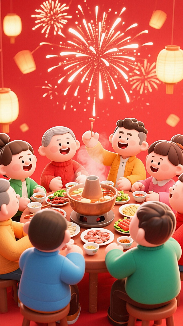 团圆聚餐一起吃火锅场景。红色背景，有烟花