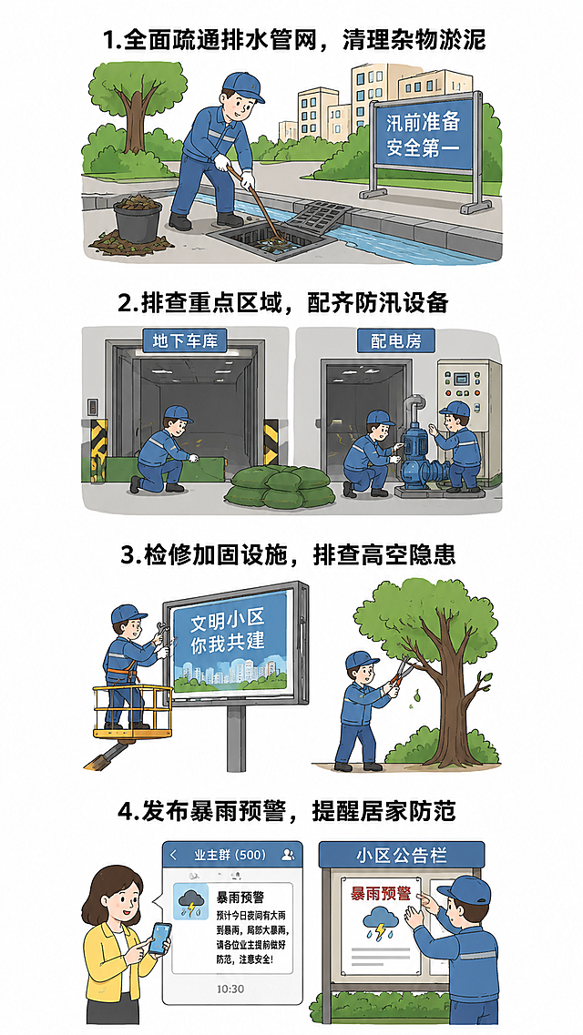 卡通矢量风格，白色背景，分为四个插画模块，内容为：
1. 第一个插画：小区工作人员疏通雨水井、排水沟，清理淤泥杂物，标题文字"1.全面疏通排水管网，清理杂物淤泥"
2. 第二个插画：工作人员在地下车库、配电房摆放挡水板和防汛沙袋，检查应急抽水泵设备，标题文字"2.排查重点区域，配齐防汛设备"
3. 第三个插画：工作人员检修外墙广告牌，修剪绿化树木枯枝，标题文字"3.检修加固设施，排查高空隐患"
4. 第四个插画：通过业主群、公告栏发布暴雨预警提醒业主，标题文字"4.发布暴雨预警，提醒居家防范"
整体为汛前前置防范安全知识插画，和参考图片相同的卡通扁平化风格，白色干净背景，每个插画配对应文字说明。