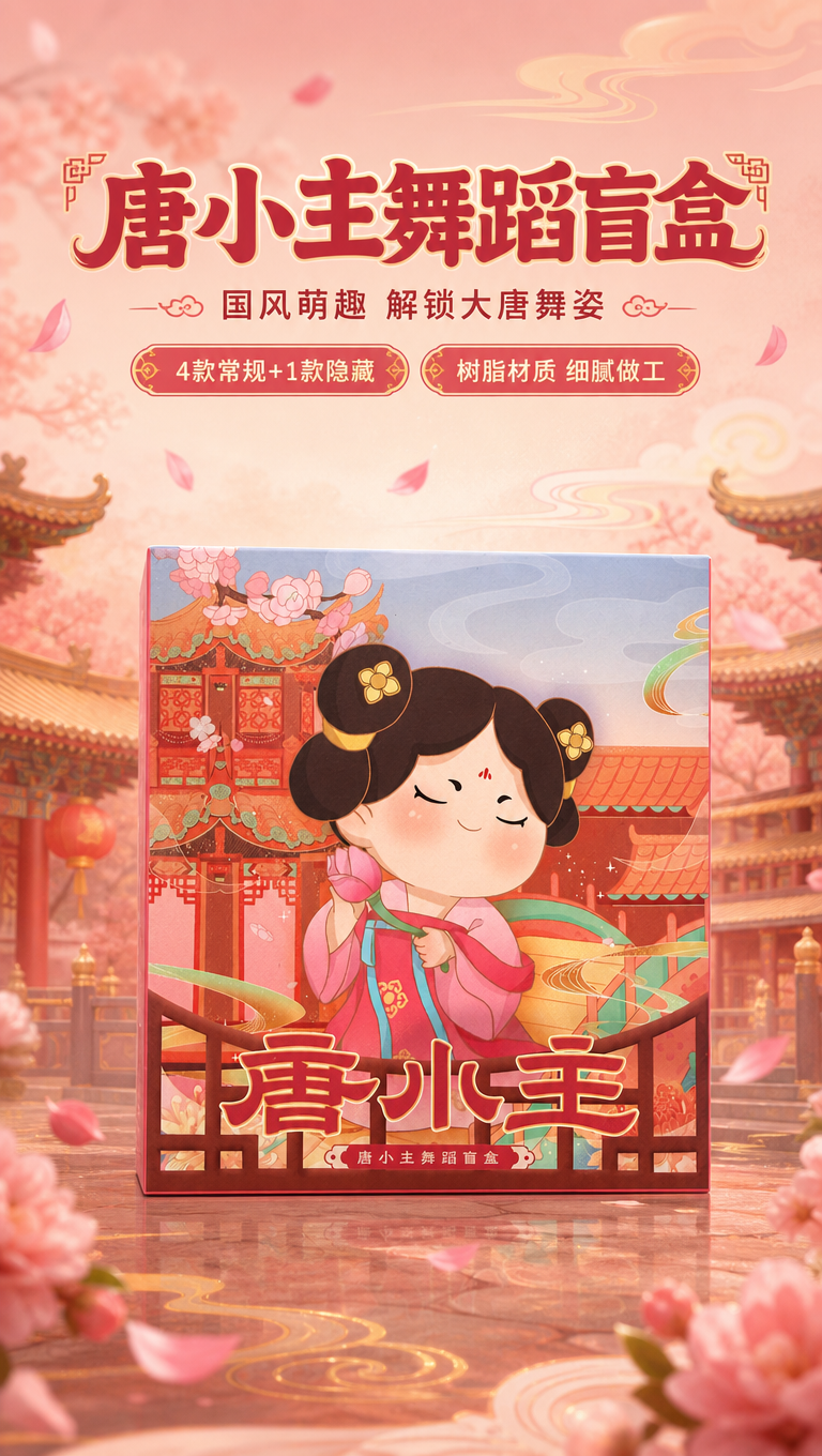 [商品] 使用【图1】唐小主舞蹈盲盒包装盒正面图；保留唐风建筑… - 图片创意预览