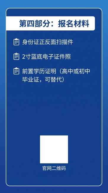 一张简约的竖屏微信信息贴图，蓝色为主色调白色为辅，整体简约稳重，第四部分标题：报名材料，内容：📋 身份证正反面扫描件 📋 2寸蓝底电子证件照 📋 前置学历证明（高中或初中毕业证，可替代），底部预预览效果