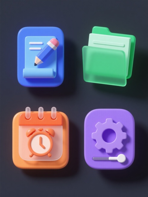 一组四个规整排布的3D立体图标，保持相同的半透明光滑塑料质感、圆润边角设计、主光源从左上方照射形成的高光与阴影层次、简洁现代风格，每个图标拥有不同的纯色背景和整体色调，元素类目分别为：1. 蓝色背景的蓝色卷轴清单与铅笔勾选图标，2. 绿色背景的绿色文件夹与文件堆叠图标，3. 橙色背景的橙色日历与闹钟提醒图标，4. 紫色背景的紫色齿轮与滑块设置图标，所有图标均采用相同的立体弧度造型和光影处理，整……预览效果