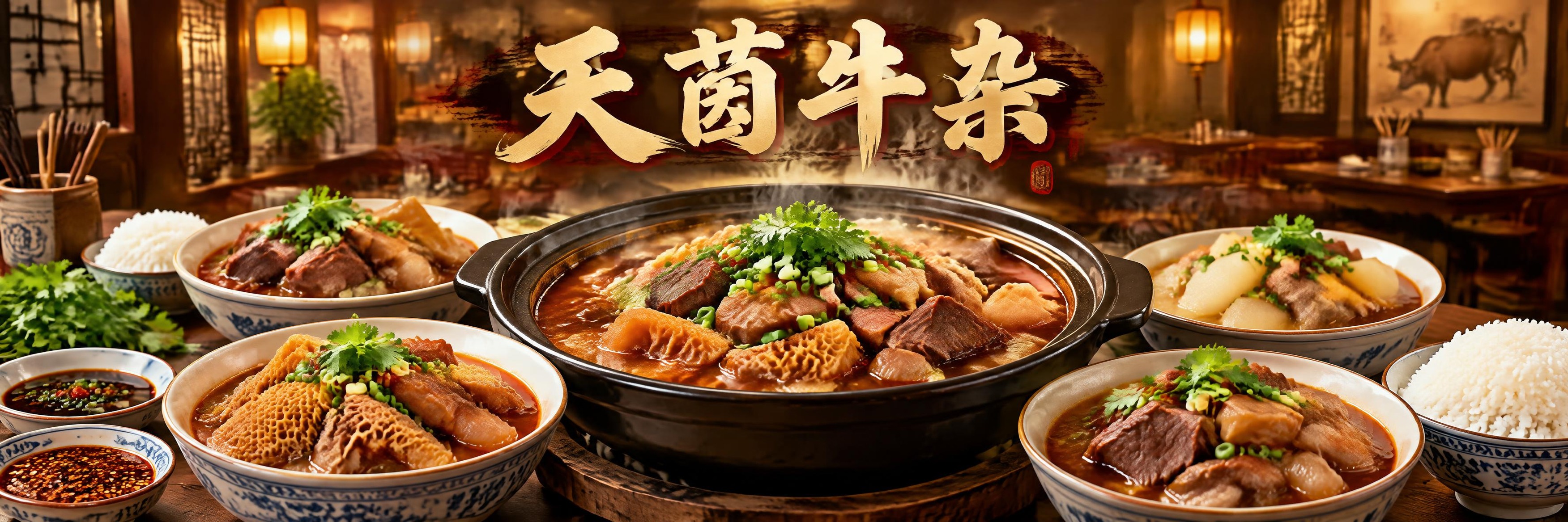 天茵牛杂海报设计，写实美食摄影风格，横幅构图，画面主体是一桌丰… - 图片创意预览