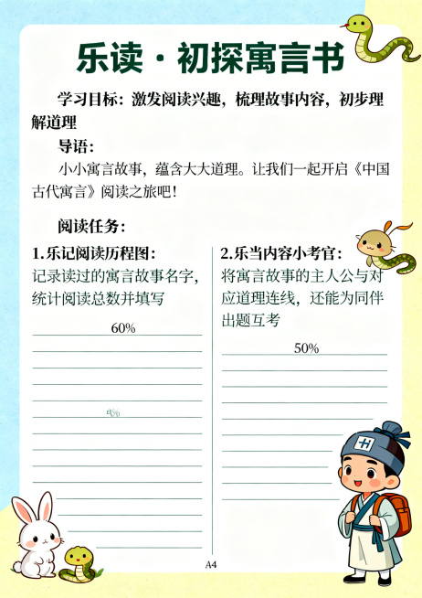 A4尺寸的小学三年级《中国古代寓言》阅读学习单，主题为「乐读·初探寓言书」。排版清晰简洁，字号行距适配三年级学生阅读，预留充足答题空白区域。完整包含以下内容：标题「乐读·初探寓言书」，学习目标：激发阅预览效果