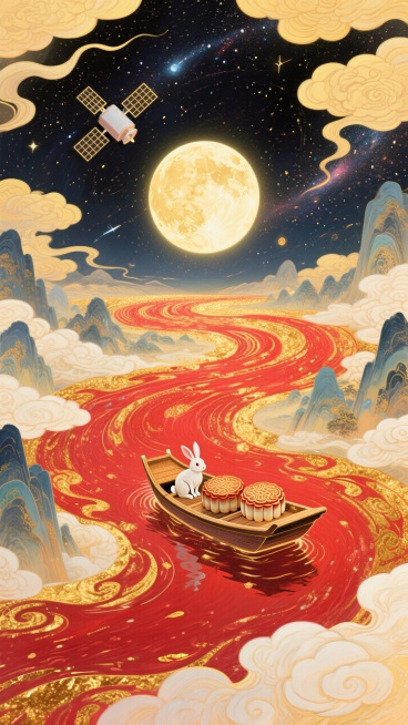 梦幻奇幻风格插画，全景，小船（漂浮在红金色河流上，船上有玉兔和两个月饼 ）居画底部，星空漩涡从小船向四周扩散成漩涡状星空（红金色交织） ，中央巨大的发光满月，卫星，超现实的星空河流世界，梦幻感，色彩以预览效果