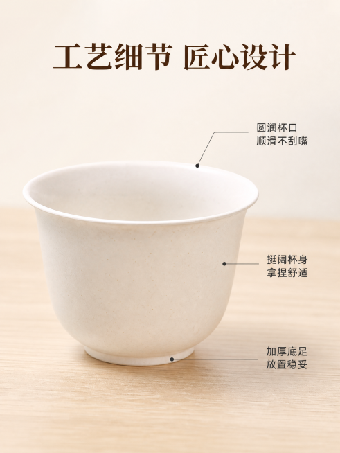 [第3屏] 产品结构细节展示屏，用引线标注法展示稻壳功夫茶杯的工艺细节。保留产品主体特征，全新构图。
[氛围/风格] 专业产品解析风，干净简约，商业摄影微距质感，细节清晰。
[元素布局] 单个茶杯居中预览效果