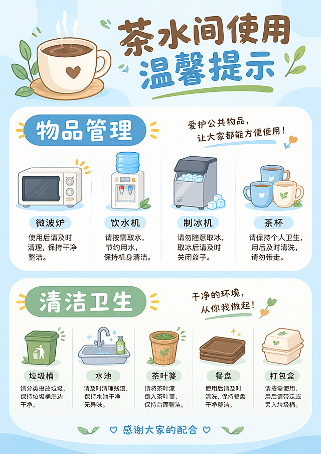 办公室茶水间使用温馨提示海报，竖版A4比例210:297，扁平插画风格，手绘温暖风。背景为清爽的浅蓝色婴儿蓝天蓝色，搭配白色和淡蓝色块。顶部是一只冒热气的咖啡杯和几片小绿叶，标题"茶水间使用温馨提示"，字体圆润可爱。配色以浅蓝、奶油白、淡木色、抹茶绿、咖啡棕为主，整体清新干净。画面分成两个板块：上方"物品管理"板块，配微波炉、饮水机、制冰机、茶杯小插画；下方"清洁卫生"板块，配垃圾桶、水池、茶叶篓、餐盘、打包盒小插画。插画为扁平风格，圆角线条，柔和阴影，适合公司张贴，高清海报排版，竖版构图