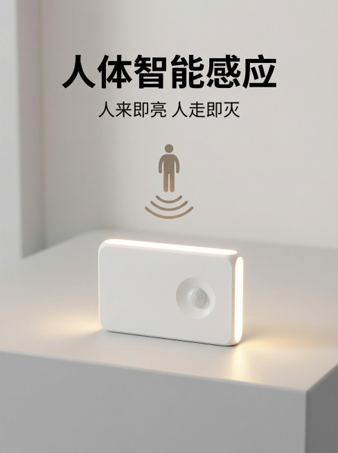 主图5：智能感应卖点特写，人体感应图标搭配产品特写，小夜灯放置在画面中心，暖光氛围，浅灰简约背景。画面顶部添加大标题"人体智能感应"，换行副标题"人来即亮 人走即灭"，黑色无衬线字体，突出便捷智能特性预览效果