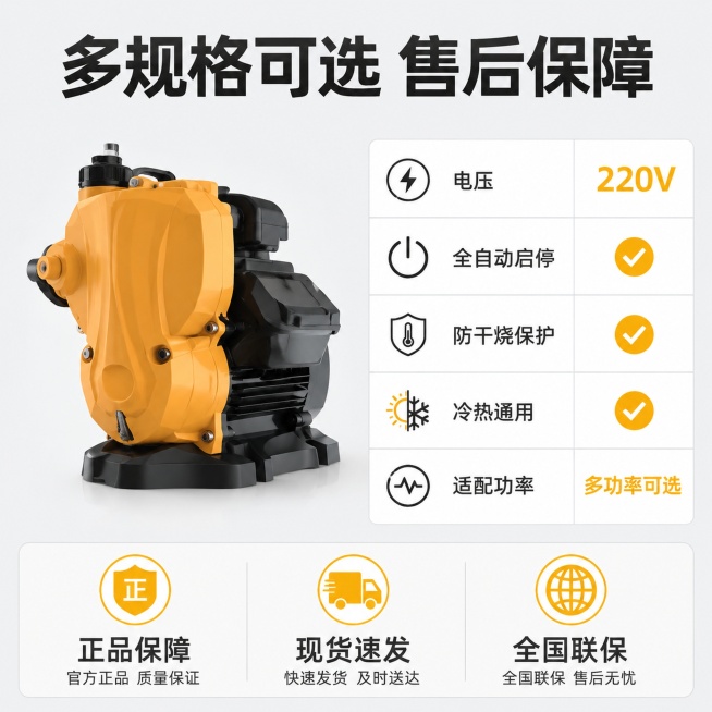 [主图-5] 水骆驼自吸泵规格售后信息
[氛围风格] 清晰规整信息展示，专业可信
[画质] 商业摄影质感，信息清晰排版规整
[元素] 产品主体居中放置，保持产品外观颜色材质与输入原图一致，右侧放置参数预览效果