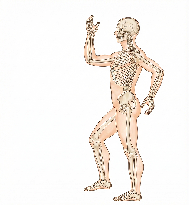 去除图中所有标注文字、线条、箭头和图例，只保留干净的侧面人体骨骼示意图，保留原姿势和绘画风格，背景为纯白色