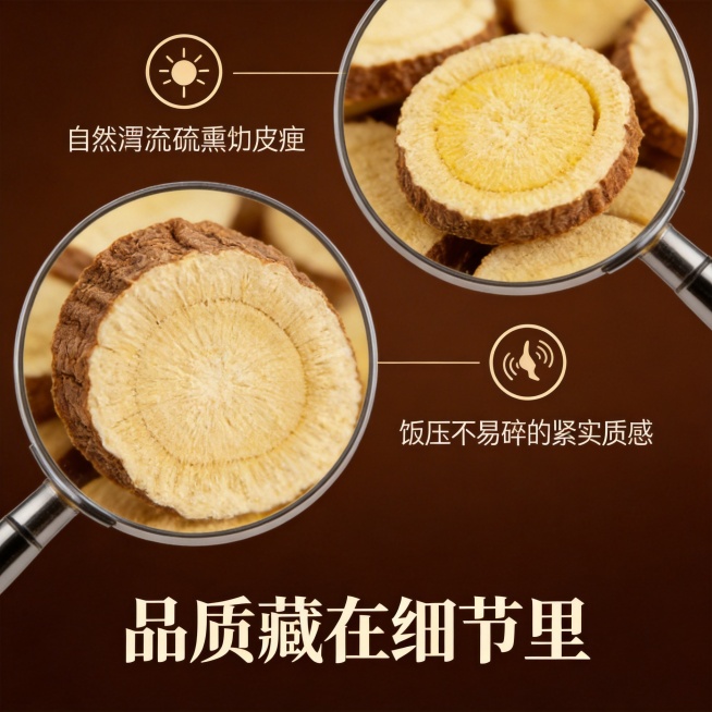 基于甘草片图片，制作全新细节特写详情图，采用放大镜聚焦效果，展示四个核心细节：1. 表皮纹路：自然褶皱无硫磺熏制痕迹；2. 断面油点：清晰可见的黄色油腺点；3. 质地紧密：按压不易碎的紧实质感；4.预览效果