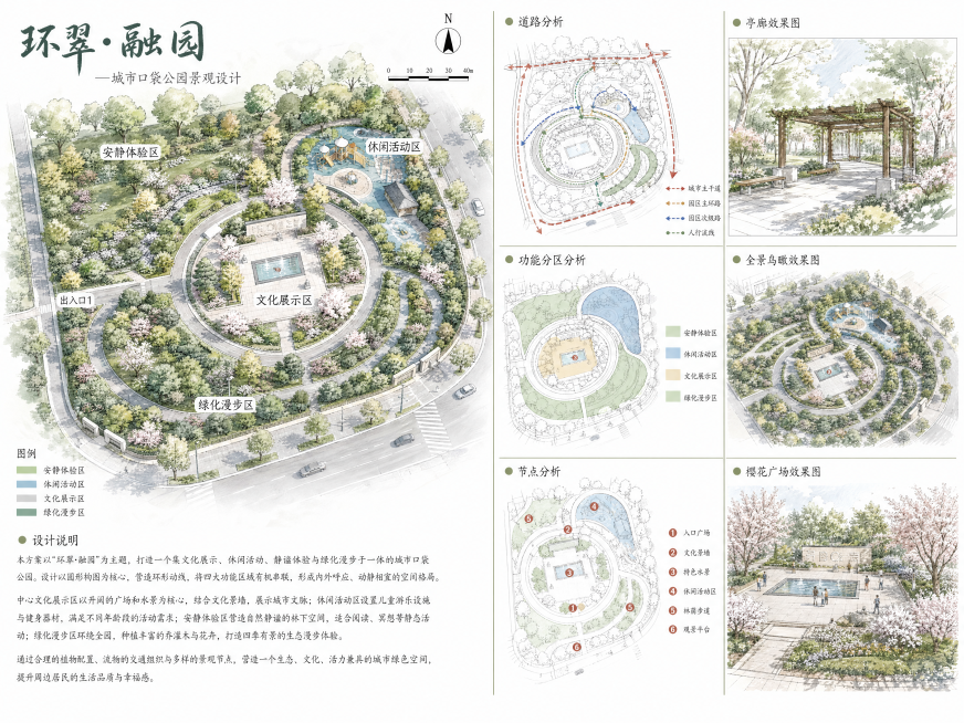 景观设计A3横向快题展板，整体清新手绘淡彩风格，柔和低饱和度色彩，白色背景，干净清爽，主次分明，手绘质感自然，无复杂边框，画面整洁。版面分为三大模块：1.左侧占约1/2版面：彩色手绘风总平面图，线条清预览效果