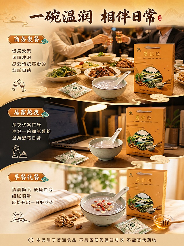 [详情页-第1张] 多场景生活方式页，展示商务聚餐、居家熬夜、早餐代餐三大食用场景，温和传递日常食补理念。
[商品] 使用葛根粉冲泡后状态与独立小包装；保留葛粉通透糊状质感与包装外观，产品自然融入各生活场景。
[画面] 页面目标：通过多场景种草，展现葛根粉融入日常生活的多个时刻，传递温润食补的生活方式。构图采用纵向三段式场景拼接，每段一个场景：上段=商务聚餐场景，中式餐桌丰盛菜肴旁摆放一碗葛粉，暖黄灯光，饭局欢聚氛围；中段=居家熬夜加班场景，深夜书桌台灯下，电脑旁放着一碗温热葛粉，安静陪伴感；下段=早餐代餐场景，清晨餐桌，葛粉搭配枸杞坚果蜂蜜，阳光洒落，开启美好一天。三个场景从上到下，从社交到个人到清晨，形成完整的生活场景覆盖。
[视觉] 套系策略：风格=国风暖橙调生活方式摄影；标题字=粗笔书法体；正文字=简洁黑体；主色=暖橙色；背景延展=场景间用暖橙渐变过渡与细线云纹分隔；强调色=暖金色+青绿色；标题色=深棕色（亮场景）/米白色（暗场景）；正文色=暖褐色/浅米色；组件=场景标签条、分割云纹、小图标；光影=每个场景各自符合时间氛围的自然光影，上段暖黄餐厅光、中段暖台灯光、下段清晨自然光，整体色调统一暖调。
[文字] 顶部主标题"一碗温润 相伴日常"。三个场景分别配文：上段 饭局欢聚 闲暇冲泡 感受传统葛粉的细腻口感；中段 深夜伏案忙碌 冲泡一碗细腻葛粉 温柔慰藉日常；下段 清晨简食 便捷冲泡 细腻顺滑 轻松开启一日好状态。底部统一免责提示：本品属于普通食品 不具备任何保健功效 不能替代药物。每个场景文字放在对应区域的留白处，不遮挡主体。
[规格] 图片比例3:4竖版，2K分辨率，场景自然有生活感，文案温和仅描述食用体验与时刻，不暗示功效，避免变形、错字、文字过小、水印。