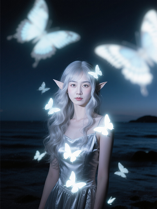 特写镜头，唯美精致的精灵少女（奶油肌，银色波浪长发，银色的连衣裙，发着光），环绕无数动态模糊的发光蝴蝶，大光圈虚化的夜晚海边背景