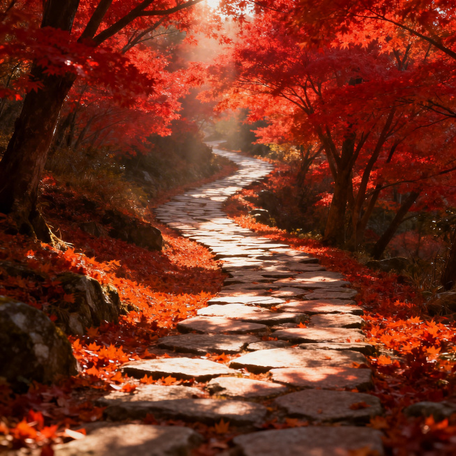 超写实风景，秋日红枫古道，枫叶红似火，石板小路蜿蜒，阳光透过红叶，地面铺满落叶预览效果
